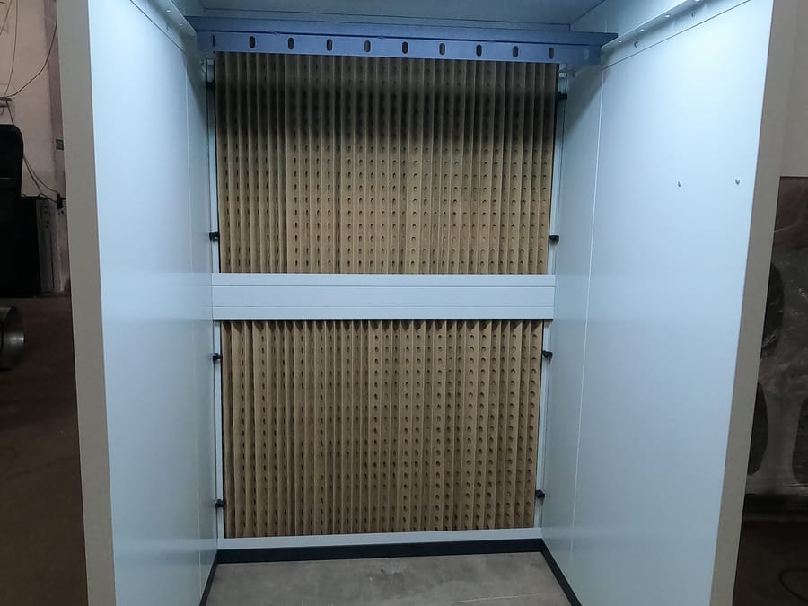 Dry-filter spray booth with cardboard paint-stop filter bank